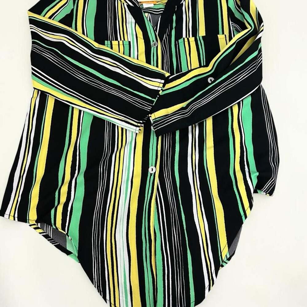 Ruby Rd. Striped Roll Sleeve Button Front Blouse